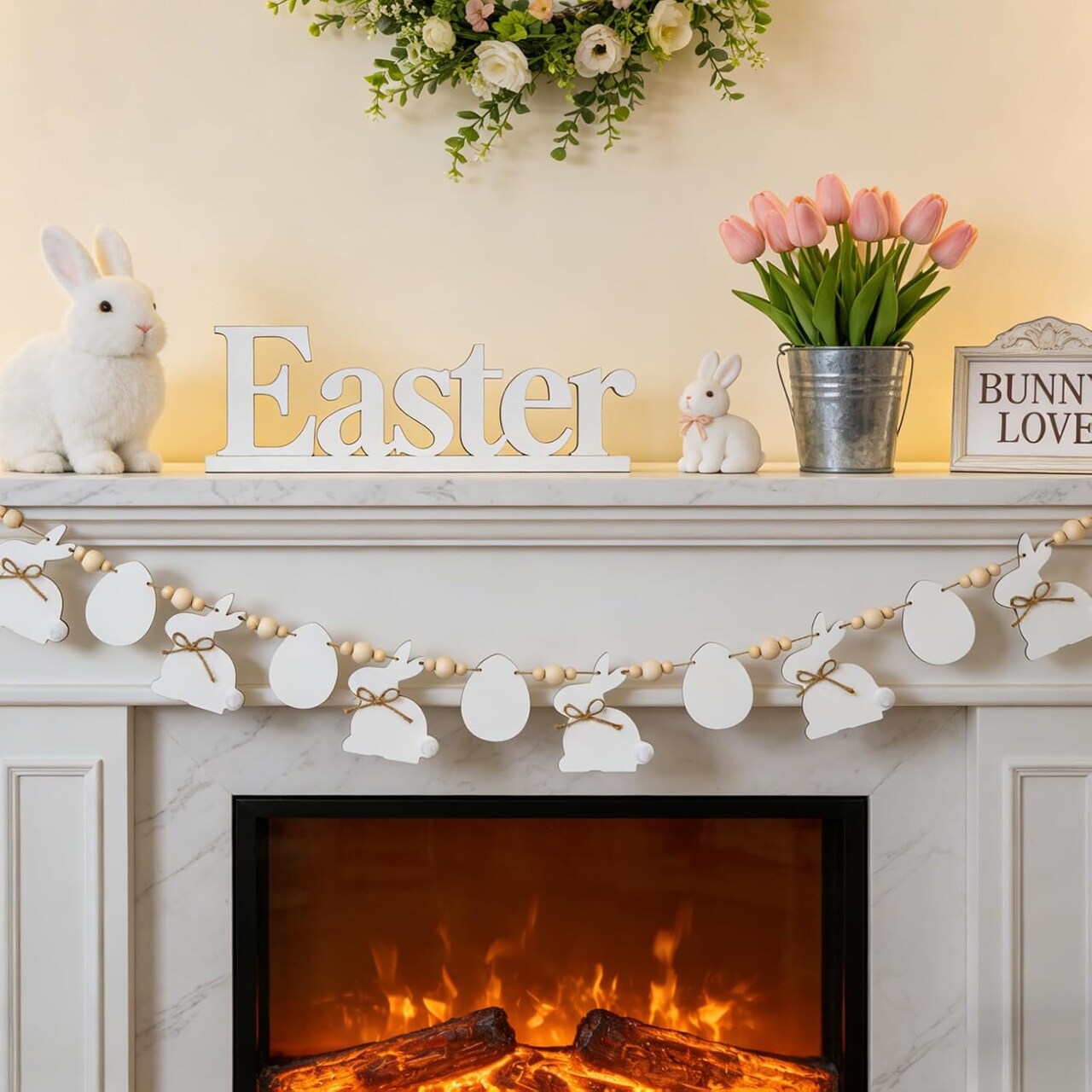 Easter Bunny Garland with Wooden Beads – DIY Rustic Farmhouse Banner for Mantle, Fireplace, Wall & Spring Decor